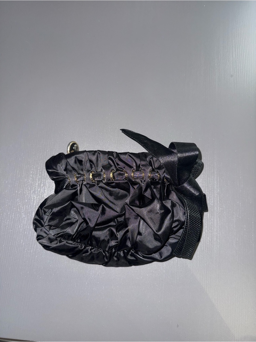 henri bendel Black Satin Ruched Wristlet with Bow